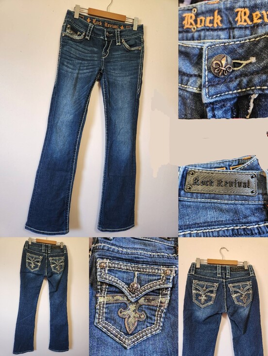 Rock Revival Denim - Rock Revival Roux B400 Bootcut Jeans Y2K McBling Sequin Fleur-De-Lis Sz 27